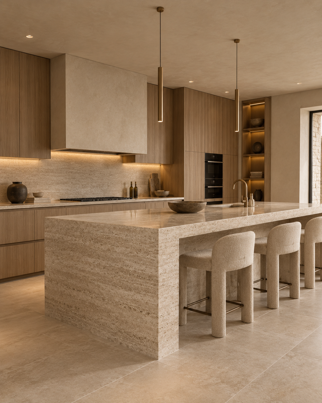 Cocina reformada con isla y superficies de mármol