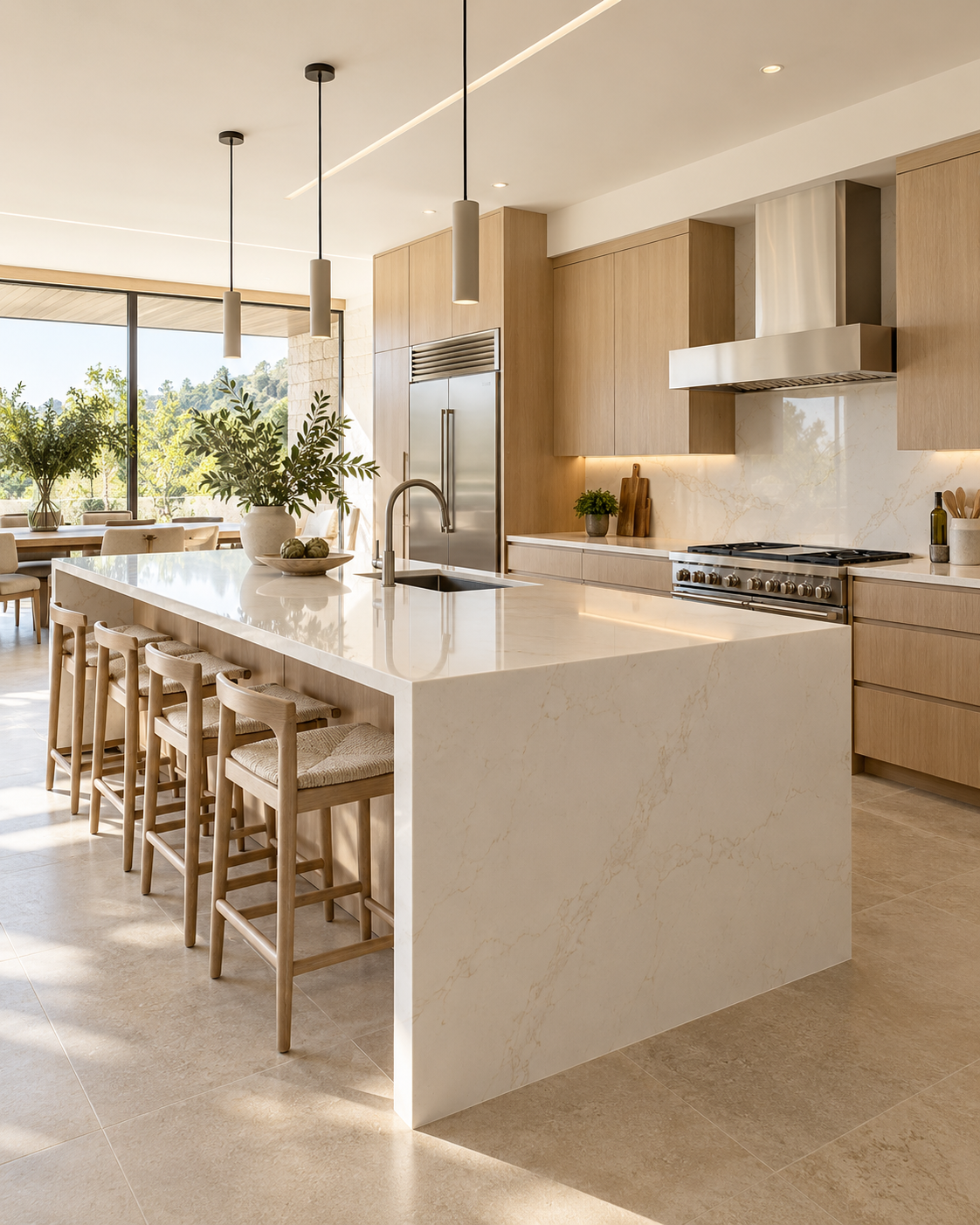 Isla central en una cocina contemporánea con iluminación natural