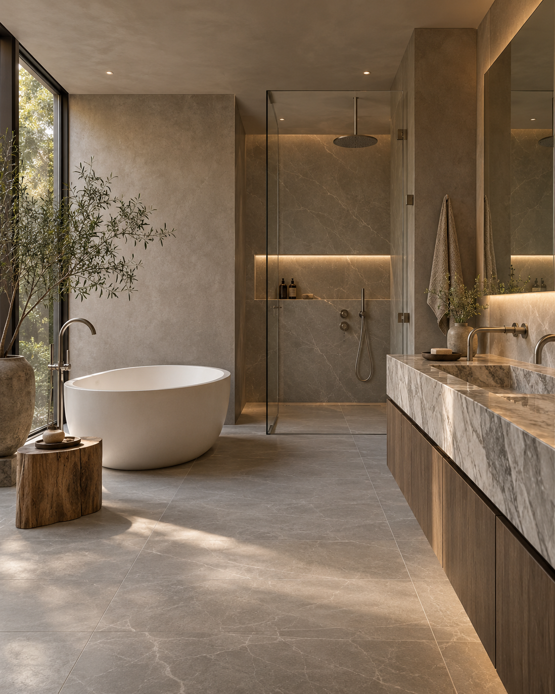 Lavabo y baño minimalista con revestimientos continuos
