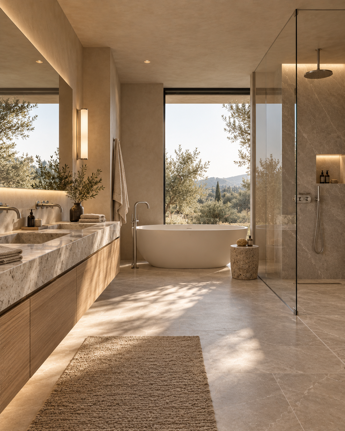 Baño reformado de grandes dimensiones con acabados contemporáneos